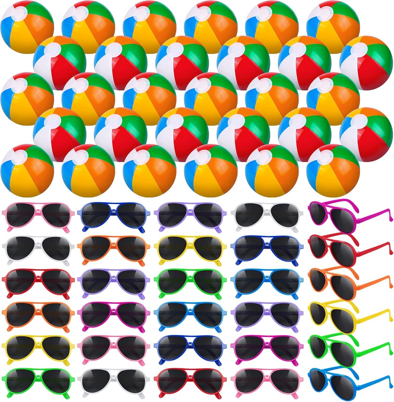 30 Pieces Kids Neon Sunglasses Bulk and 30 Pieces Inflatable Beach Balls 8-12 Inches